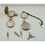 THREE GOLD PLATED POCKET WATCHES, a white metal hunter cased POCKET WATCH and various watch keys