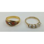 A DIAMOND AND CORAL SET GOLD LADY'S RING, size L, together with ONE OTHER RING, pearl effect set (2)