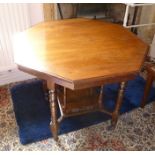 AN EDWARDIAN OCTAGONAL CENTRE TABLE raised on ring turned supports with central under tier, 83cm