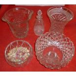 A QUANTITY OF GLASSWARE including a champagne bucket, a vase, small etched decanter with stopper and