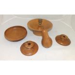 A SMALL COLLECTION OF TURNED WOOD TREEN ITEMS including a pear (turned from pear wood), a pair of