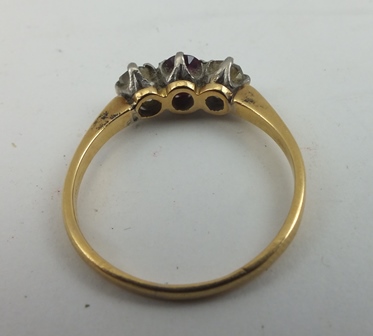 A RUBY AND DIAMOND LADY'S RING, on yellow metal band, size P - Image 2 of 2