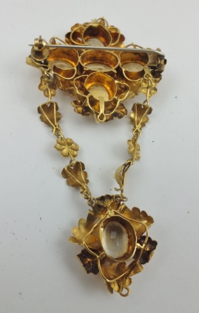 A VICTORIAN YELLOW METAL BROOCH of floral and petal form, inset with citrines, comprising two - Image 2 of 2