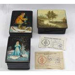 A RUSSIAN LACQUERED BOX hand-painted with fisherman in a winter scene, the hinged cover opening to