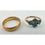 A 22CT GOLD WEDDING BAND, together with a turquoise set lady's RING of flower head design (2)