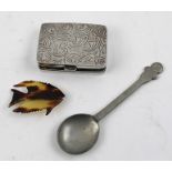 A CONTINENTAL WHITE METAL SNUFF BOX with chased hinged cover 5cm, together with a SMALL PEWTER SPOON