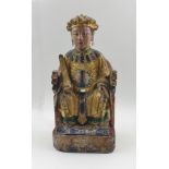 A 19TH CENTURY CHINESE CARVED WOOD DEITY, seated upon a throne, gilded and polychrome, 26.5cm high