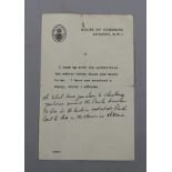 A SHEET OF HOUSE OF COMMONS, LONDON S.W.1 NOTEPAPER WITH TYPED AND HANDWRITTEN NOTE REFERRING TO THE