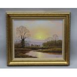 PETER COSSLETT A last quarter 20th century oil on canvas of Sunset over a Village Church, with