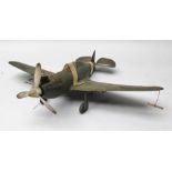 AN EARLY CONTROL LINE HURRICANE MODEL AEROPLANE, wing span 49cm (control lines worn, needs a clean
