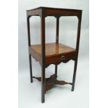 A 19TH CENTURY MAHOGANY WASHSTAND, the top with recesses for bowls, a middle tier with drawer and