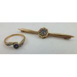 A SAPPHIRE AND SEED PEARL BAR BROOCH, 15ct gold, together with a SAPPHIRE AND DIAMONG RING, yellow