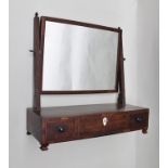 A 19TH CENTURY MAHOGANY BOX BASE DRESSING TABLE MIRROR, supports with acorn finials, base fitted