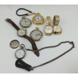 A QUANTITY OF VARIOUS WRIST AND POCKET WATCHES, includes a lady's silver fob watch with white enamel