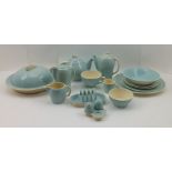 A SUSIE COOPER "BLUE CRESCENT" PATTERNED KESTREL BACHELOR BREAKFAST SET, comprising teapot, toast