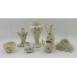 A COLLECTION OF BELLEEK CERAMICS, hand-painted with clover decoration, including a vase 19.5cm