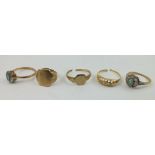 FIVE 9CT GOLD AND YELLOW METAL RINGS, some stone set, combined weight 9g.