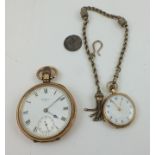A LADY'S 9CT GOLD CASED FOB WATCH, the white enamel dial with Roman numerals, attached to a