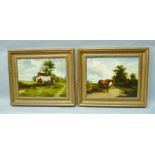JAN MORTEL "Horses in landscape", equestrian scenes, a PAIR, Oils on panel, each signed, 40cm x 50cm