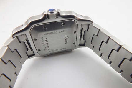 A CARTIER SANTOS STAINLESS STEEL LADY'S BRACELET WRIST WATCH, having square face with Roman numerals - Image 4 of 4