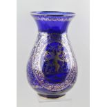 A 20TH CENTURY COBALT BLUE GLASS VASE with silver resist decoration with a reserve scene of Venice
