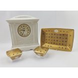 A BELLEEK CERAMIC CASED MANTEL CLOCK (limited edition millennium clock) 25cm high, together with