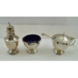 WILLIAMS LTD. A SILVER THREE PIECE PEDESTAL CONDIMENT having applied wire decoration and blue