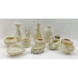 A COLLECTION OF BELLEEK CERAMICS, includes a salt in the form of a row boat, a cherry blossom vase