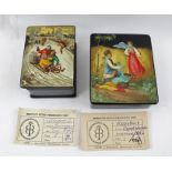 A RUSSIAN LACQUERED BOX hand-painted decoration of a sledging scene, red interior, signed and