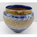 A ROYAL DOULTON STONEWARE JARDINIERE, cobalt blue ground, with impressed band of flower head design,