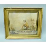 19TH CENTURY BRITISH SCHOOL "Fisherman crouching beside a stream", a Watercolour painting, 31cm x