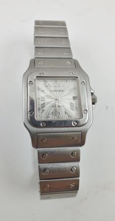 A CARTIER SANTOS STAINLESS STEEL LADY'S BRACELET WRIST WATCH, having square face with Roman numerals - Image 3 of 4