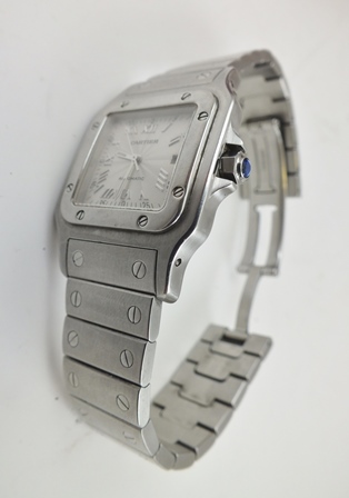 A CARTIER SANTOS STAINLESS STEEL LADY'S BRACELET WRIST WATCH, having square face with Roman numerals - Image 2 of 4
