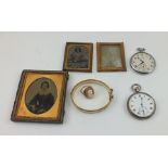 A 9CT GOLD CAMEO SET LADY'S DRESS RING, a gold filled BANGLE, two POCKET WATCHES and three 19th