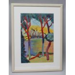 P** M** A 20th century polychrome "fauvist" study of a man resting by a river with wooded banks,