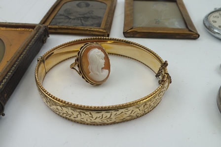 A 9CT GOLD CAMEO SET LADY'S DRESS RING, a gold filled BANGLE, two POCKET WATCHES and three 19th - Image 2 of 4