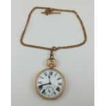 A 9CT GOLD CASED GENTLEMAN'S OPEN FACE POCKET WATCH, having white dial with Roman numerals, together