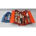 A COLLECTION OF TOOLS, ACCESSORIES, SWITCHES AND PARTS many for model planes, contained in two metal