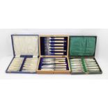 A CASED SET OF SIX MOTHER-OF-PEARL HANDLED FRUIT KNIVES & FORKS, silver ferrules, Sheffield 1903,