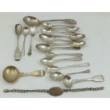 A QUANTITY OF MISCELLANEOS SILVER WARES, includes three Glasgow teaspoons, various condiment spoons,