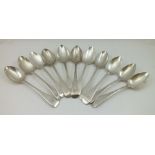 A SET OF FIVE GEORGE III SILVER DESSERT SPOONS, Hanoverian pattern, London 1815, together with a SET