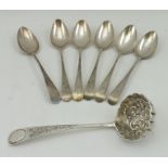 A SET OF SIX GEORGE III SILVER TEASPOONS, London 1814, engraved terminals "A T.M J", together with a