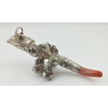A LATE 19TH CENTURY CHILD'S RATTLE AND WHISTLE, set with coral teether end, fitted seven bells,