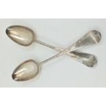 A PAIR OF GEORGE II SILVER TABLE SPOONS, "Hanoverian" pattern, having engraved stag's head crests,