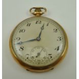 A 9CT GOLD CASED GENTLEMAN'S POCKET WATCH, open face with Arabic numerals and secondary dial, 15-