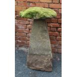 AN EARLY STADDLE STONE, having deep round cap and tapering angular base, the base stands 86cm