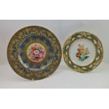 A ROYAL WORCESTER CERAMIC PLATE, blue border richly gilded, central hand painted panel of flowers,