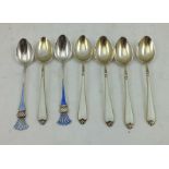 ADIE BROTHERS A SET OF FIVE SILVER GILT AND ENAMEL COFFEE SPOONS, white guilloche decoration with