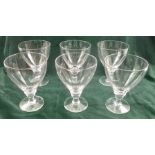 A SET OF SIX GEORGIAN DESIGN GLASS RUMMERS, on knopped stems and platform bases, 11cm diameter (