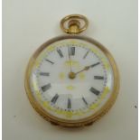 A 14k GOLD LADY'S FOB WATCH, having decoratively chased case, white enamel dial with decoration